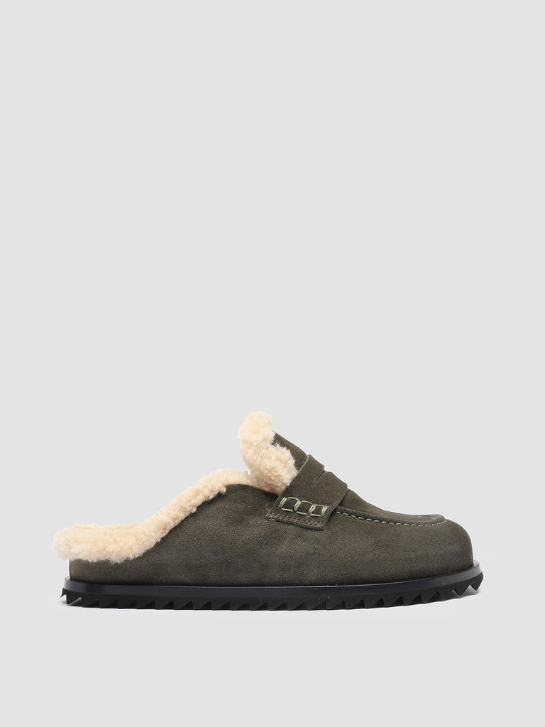 PELAGIE D’HIVER 007 - Green Suede and Shearling Mules